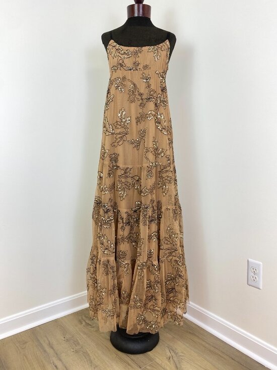 Anthropologie Dresses & Skirts - Anthropologie Sequined Tulle Midi/Maxi Dress Tan Embroidered Wedding Guest XS